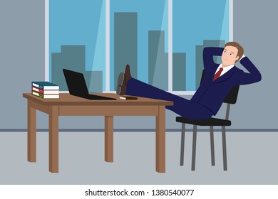 Businessman sitting with legs on table. Vector illustration.