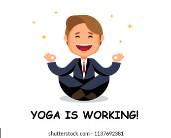 Businessman sitting in lotus pose. A cartoon man in a business suit is meditating. Meditation 