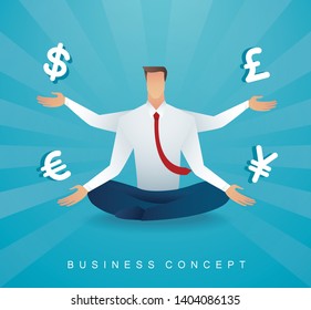 businessman sitting in lotus pose meditation with coins money symbol. vector illustration EPS10 