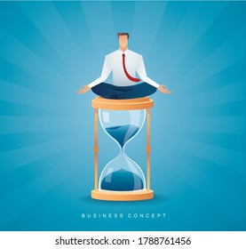 businessman sitting in lotus pose meditation on hourglass vector illustration 