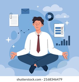 Businessman sitting in lotus pose. Meditation and concentration, entrepreneur analyzes graphs and charts looking for ways to solve problems. Planning budget. Cartoon flat vector illustration