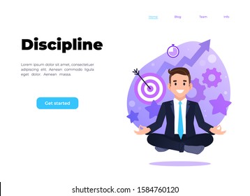 Businessman sitting in lotus pose. self management, time management, self discipline concept illustration. landing page template.
