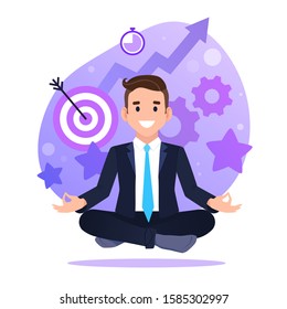 Businessman sitting in lotus pose. self management, time management, self discipline concept illustration. landing page template.