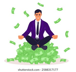 Businessman sitting in lotus position on cash money heap. Man meditating on banknotes pile. Dollars rain. Financial investment success. Billionaire wealth. Successful guy