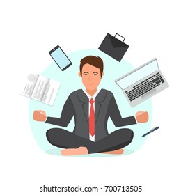 Businessman sitting in lotus position and try to relax.Office man meditating in the middle of busy workday vector illustration. Documents, phone, laptop flying around pffice worker.