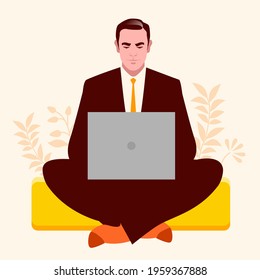 Businessman sitting in lotus position working on laptop, calm and relaxed, surrounded by plants and flowers