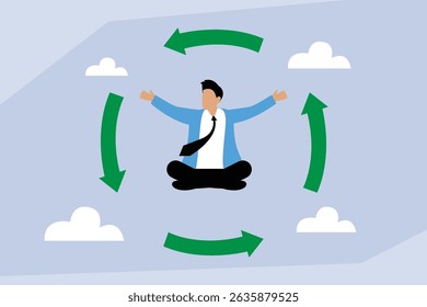 businessman sitting in a meditative pose with arms outstretched, surrounded by circular arrows and clouds, symbolizing continuous improvement, a cyclical process in business and personal growth