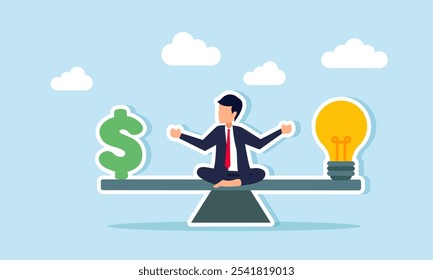 A businessman sitting in the middle of a seesaw with a dollar sign at each end and a lightbulb on the other, illustration of the price to pay for relevant business ideas and innovations