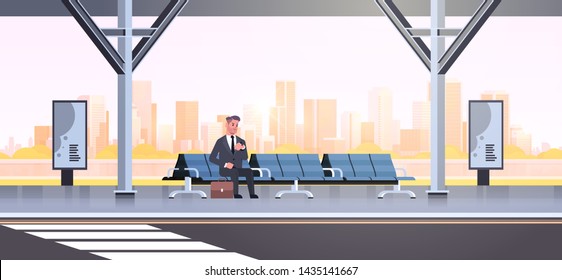 businessman sitting modern bus stop business man with suitcase waiting public transport on airport station cityscape background flat horizontal full length