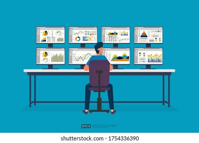 businessman sitting and monitoring stock market on screen PC. database information graph in data center room. analysis report statistics, investment, website SEO monitor on table