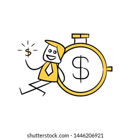 businessman sitting next to money timer and holding money yellow stick figure doodle theme