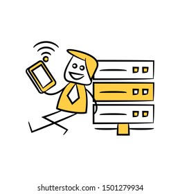 businessman sitting next to router and using smart phone yellow stick figure design