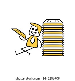 businessman sitting next to stack of papers yellow stick figure doodle theme