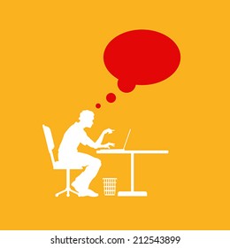 Businessman sitting with notebook thinking cloud vector silhouette. Man work with computer.