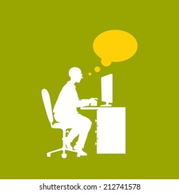 Businessman sitting with notebook thinking cloud vector silhouette. Man work with computer.