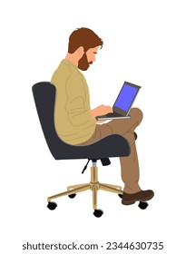 Businessman sitting at office armchair and working on laptop. Cartoon male character, IT specialist, coder, programmer typing on computer. Vector realistic illustration isolated on white background