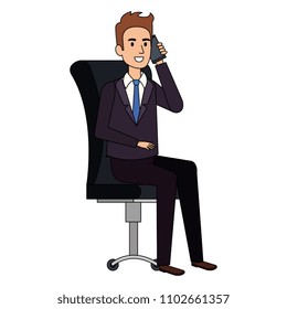 businessman sitting in office chair calling with smartphone