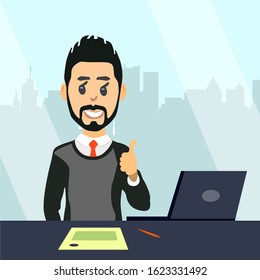 Businessman is sitting in office with computer. A man shows a thumbs up. Young man in a business style with a tie. A lawyer in his office with a window view of the city with skyscrapers.