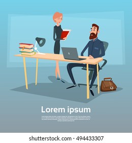 Businessman Sitting Office Desk Businesswoman Give Paper Secretary Apply Job Interview Candidate Flat Vector Illlustration