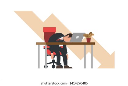 Businessman sitting at office desk as a concept of financial crisis and business problem. Arrow down direction. Modern flat vector illustration. Symbol of market decline, loss job, decreasing economic