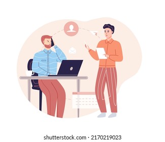 Businessman Sitting At Office Desk Giving Tasks To Personal Assistant. Man Working With Laptop Computer And Talking On Phone. Male Employee Standing In Front Of Him Planning Work Day Flat Vector