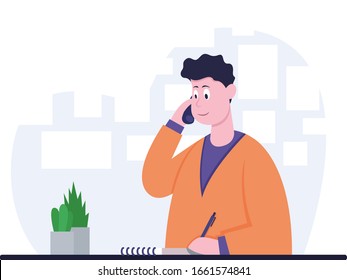 Businessman sitting at office desk. He is talking on the phone and writes pen on notebook. Side view. Color vector cartoon illustration