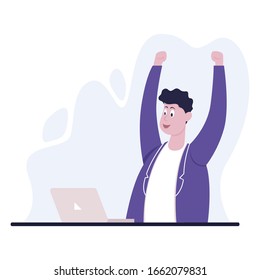 Businessman sitting at office desk. He is looking at the laptop and raised his hands in victory. The man is joyful. Color vector cartoon illustration