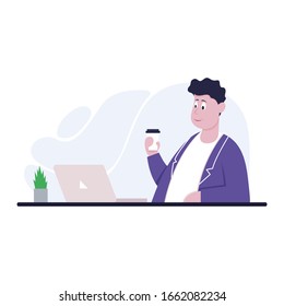 Businessman sitting at office desk. He is looking at the laptop and holding cardboard cup of coffee. Side view. Color vector cartoon illustration