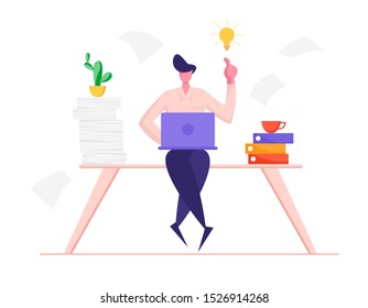 Businessman Sitting at Office Desk with Heap of Folders and Paper Documents Working Laptop Holding Index Finger Up Pointing to Glowing Light Bulb Having Creative Idea. Cartoon Flat Vector Illustration