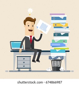 Businessman sitting at office desk in office. Stack of  folders with documents  is on the table. Business and finance concept. Vector, illustration, flat