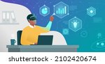 Businessman sitting at office desk and working, he is interacting with interfaces in virtual reality and checking financial charts