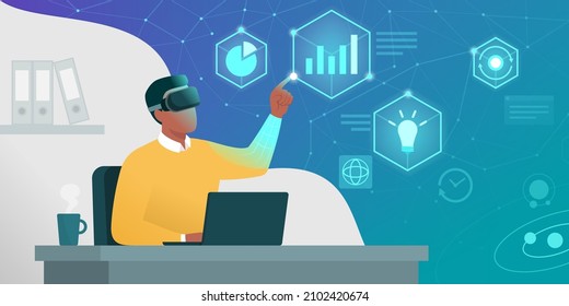 Businessman sitting at office desk and working, he is interacting with interfaces in virtual reality and checking financial charts