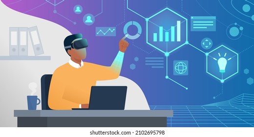 Businessman sitting at office desk and working, he is interacting with interfaces in virtual reality and checking financial charts