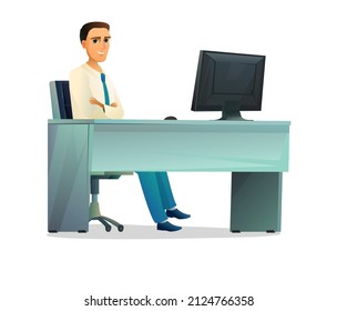 Businessman sitting in office at table with computer. Guy in shirt and tie. Male figure. Cheerful person character boy. Cartoon funny style illustration. Isolated on white background. Vector.