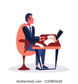 businessman sitting office workplace using laptop paper desktop concept boss cartoon character isolated full length flat vector illustration