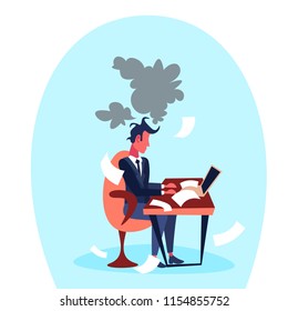 businessman sitting office workplace using laptop paper thinking hard working concept cartoon character isolated full length flat vector illustration