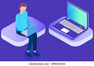 Businessman sitting on an abstract button holding opened laptop in hands. Man in formal clothes office worker or business man communicates using computer, freelancer performs task remotely in internet