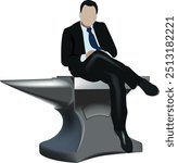 Businessman sitting on anvil symbolizing strong business