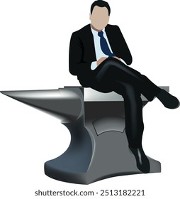 Businessman sitting on anvil symbolizing strong business