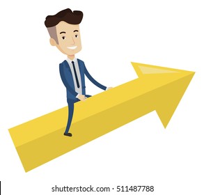 Businessman sitting on arrow going to success. Successful businessman flying up on arrow. Concept of moving forward for business success. Vector flat design illustration isolated on white background.