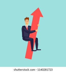Businessman sitting on the arrow, success. Flat design vector illustration.