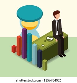 businessman sitting on banknote hourglass and diagram money isometric