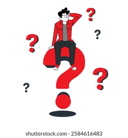 Businessman sitting on the base of question mark sign. Business problem concept.