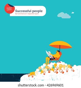 Businessman sitting on a beach chair over good ideas. Vector illustration Eps10 file. Global colors. Text and Texture in separate layers.