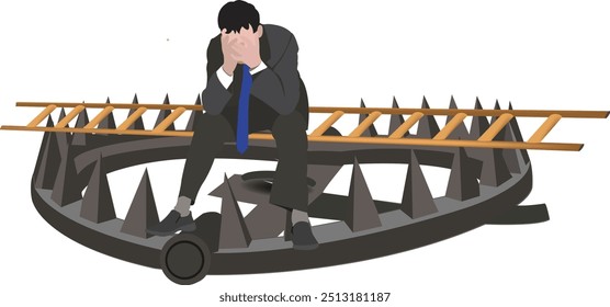 Businessman sitting on a bear trap thinking about a solution with a ladder nearby