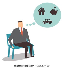 Businessman sitting on the bench, thinking and dreaming of having house, car, and saving money. 