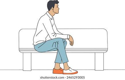 A businessman sitting on a bench thinking, business contemplation, executive decision-making, professional reflection, one continues line art vector illustration