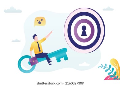Businessman sitting on big key and flying, large target with keyhole. Achieving success. Key to unlocking skills, talents, business success. Successful entrepreneur hitting target, goals. Flat vector
