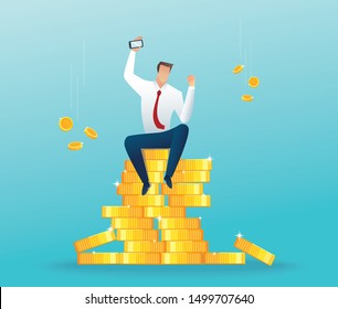 Businessman sitting on a big money and coins. Finance success, money wealth concept vector illustration EPS10