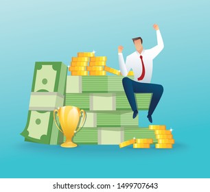 Businessman sitting on a big money and coins. Finance success, money wealth concept vector illustration EPS10